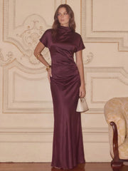 High Boat Neck Stain Maxi Dress With Ruched Detailing