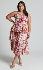 Caro Midi Dress - One Shoulder Tiered Dress in Spring Floral