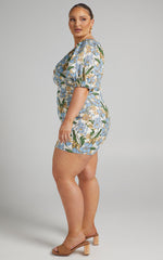 Amalie The Label - Indrisia Linen Puff Sleeve Open Back Bodycon Mini Linen Dress in Iris Floral