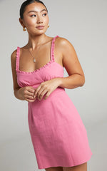 Jacqueline Mini Dress - Ruched Bust Frill Detail A Line Dress in Pink