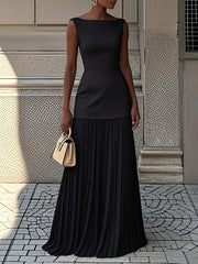 Livette - Boat Neck Pleated Maxi Dress