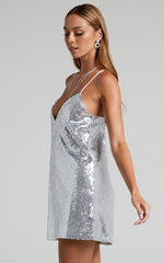 Delilaah Mini Dress - Strappy V Neck Slip Sequin Dress in Silver Sequins