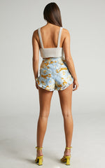 Brailey Shorts - Frill Hem Shorts in Blue & Yellow Jacquard