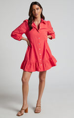 Maulee Mini Dress - Frill Hem Shirt Dress in Oxy Fire