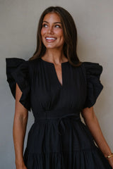 Luna Ruffle Poplin Midi Dress-Black