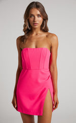 Bonne Mini Dress - Strapless Corset Side Split Dress in Hot Pink