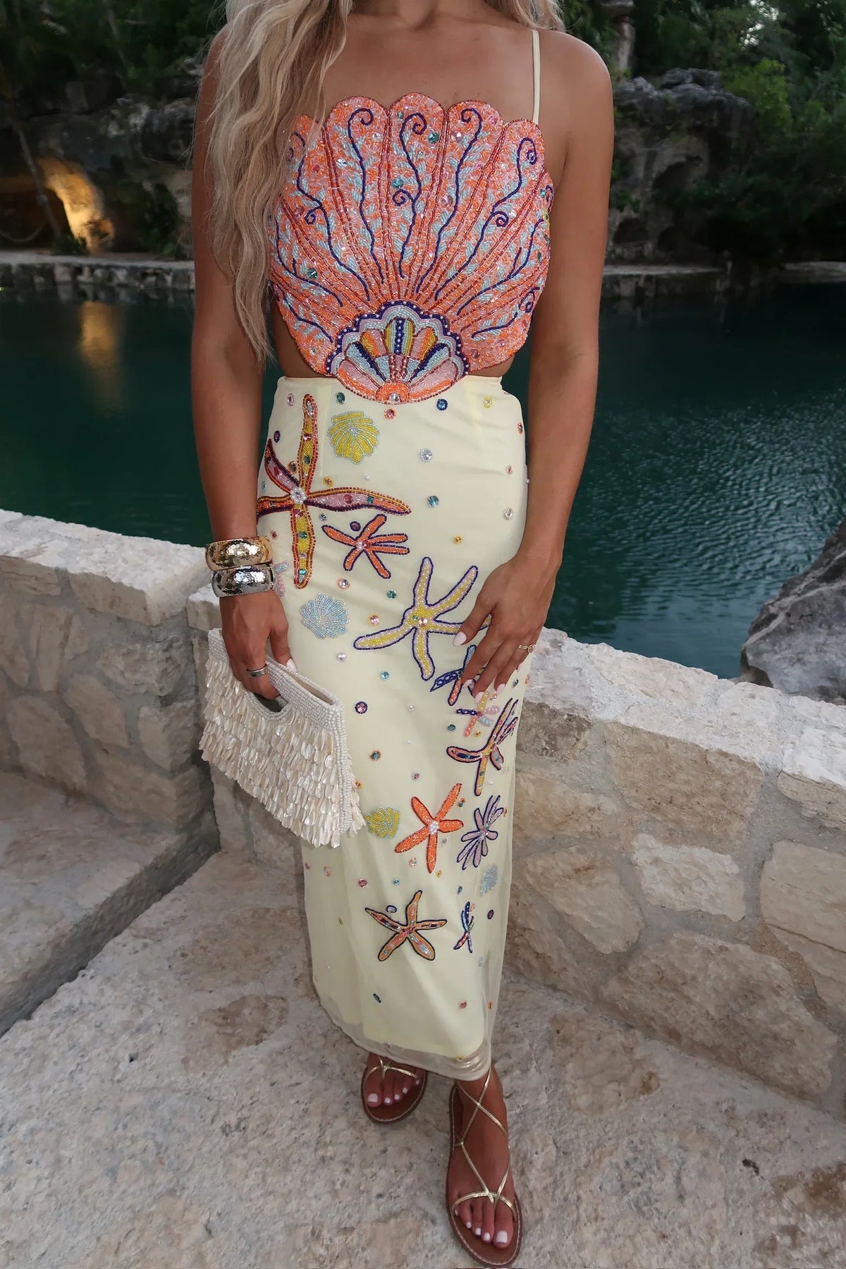 Shell Embellished Midi Dress-Sunlit