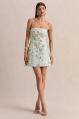 Brianna | Mint Floral Embellished Square-Neck Mini Dress