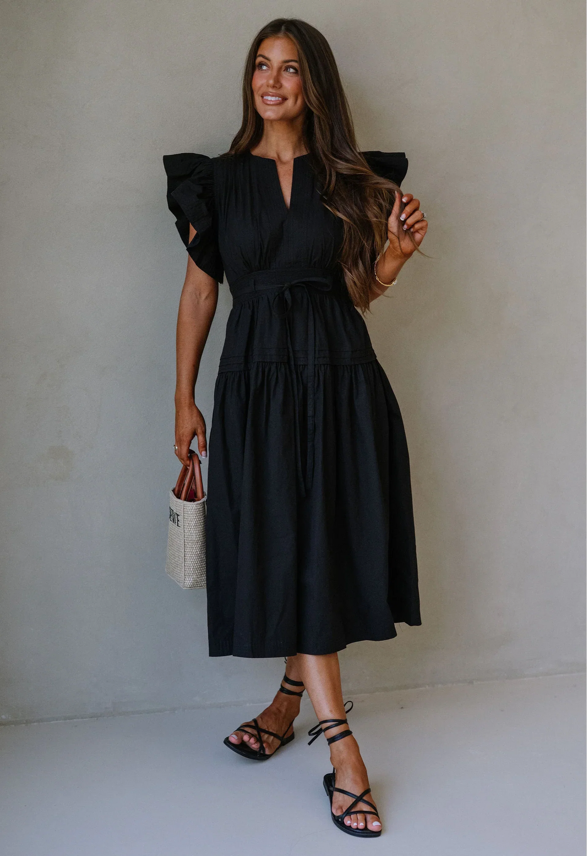 Luna Ruffle Poplin Midi Dress-Black