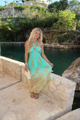 Brianna Halter Dress-Aqua/Gold