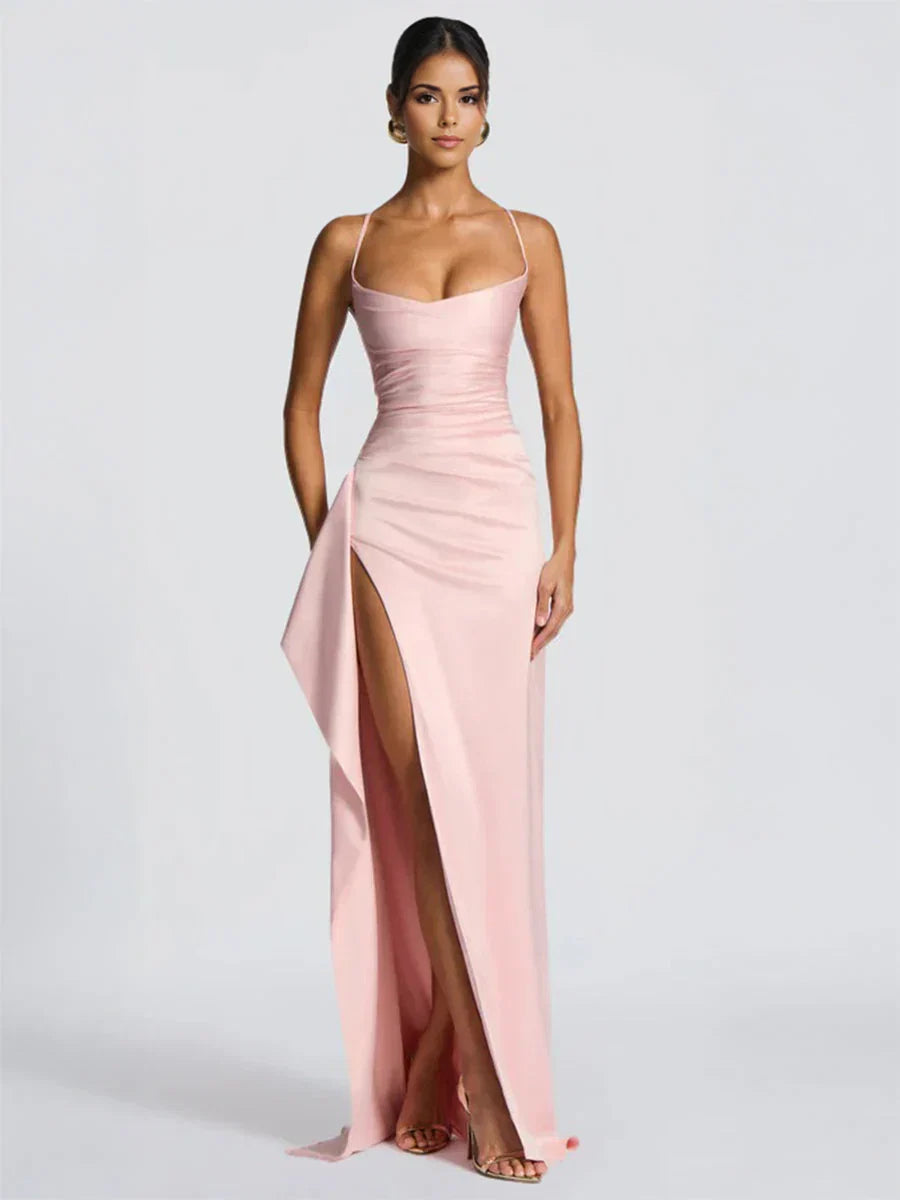 A-Line/Princess Wedding Guest Dresses Spaghetti Straps Sleeveless Floor-Length Side Split Satin Long Prom Dresses With Ruffles&Back Criss Cross Straps