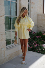 Puff Sleeve Mini Poplin Dress-Yellow