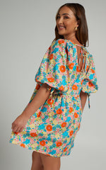 Rosita Mini Dress - Tie Front Puff Sleeve Dress in Pink Floral