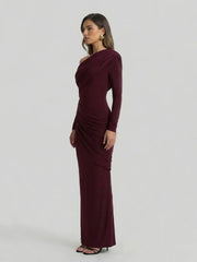 Asymmetric-Neck Maxi Dress With Ruched Detailing
