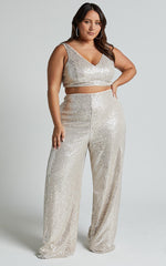 Abela Two Piece Set - Crop Top and Wide Leg Pants Set in Silver Sequin