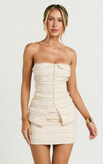 Adalia Top - Strapless Textured Longline Button Up Top in Cream