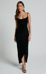 Adeline Midi Dress - Velvet Cowl Neck Drape Dress in Black