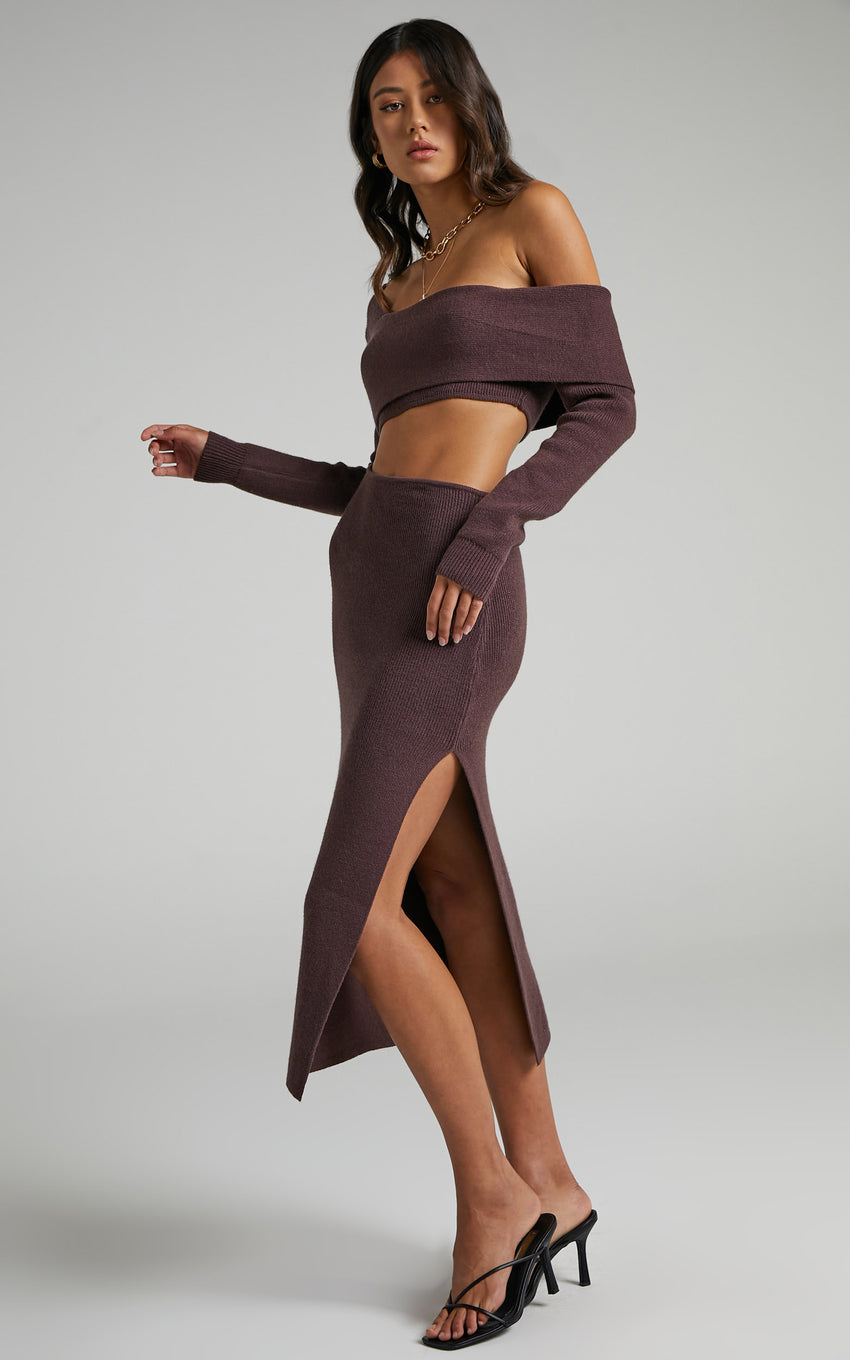 Alabama Midi Dress - Off One Shoulder Asymmetric Long Sleeve Knit Dress in Chocolate