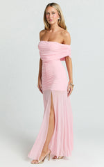 Alanna Maxi Dress - Off Shoulder Ruched Mesh Dress in Pink