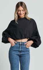 Alesia Top - Asymmetrical Boat Neck Elastic Hem Crop Top in Black