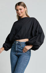 Alesia Top - Asymmetrical Boat Neck Elastic Hem Crop Top in Black