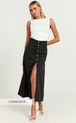 Alisa Midi Skirt - Button Through A Line Denim in Black Wash
