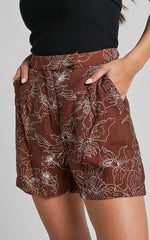 Alofi Shorts - High Waisted Tailored Soft Shorts in Brown Floral
