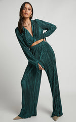 Aluna Two Piece Set - Plisse Twist Front Crop Top and Wide Leg Pants Set in Forest Green