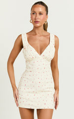 Amalea Mini Dress - Wide Strap Ruched Bust Dress in Lemon Floral
