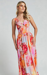 Amalie The Label - Chamika Linen Blend Bustier Double Tie Back Midi Dress in Marsielle Print