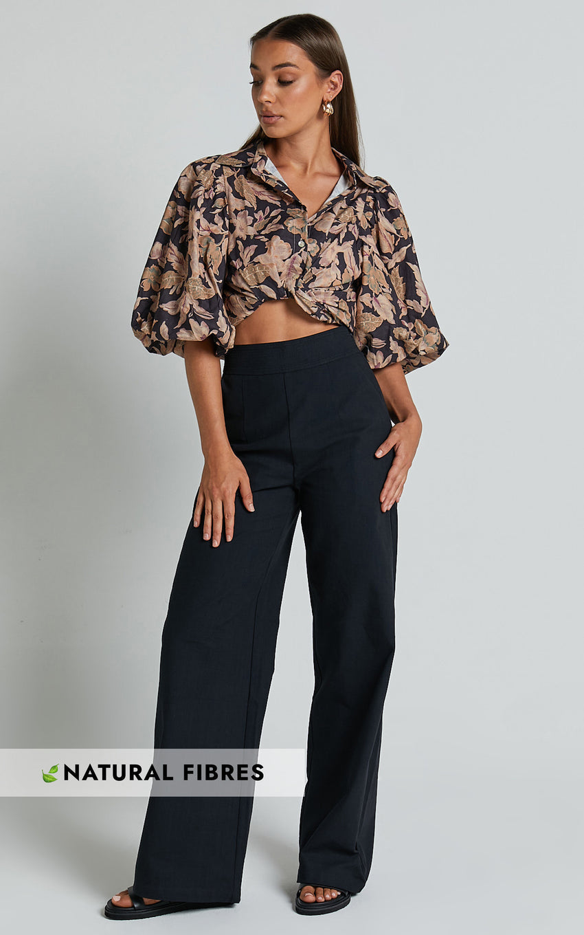 Amalie The Label - Charo Linen Look High Waisted Wide Leg Pants in Black