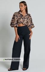 Amalie The Label - Charo Linen Look High Waisted Wide Leg Pants in Black
