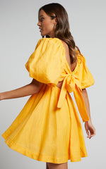 Amalie The Label - Hamyya Linen Tie Back Puff Sleeve Mini Linen Dress in Mango