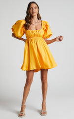 Amalie The Label - Hamyya Linen Tie Back Puff Sleeve Mini Linen Dress in Mango