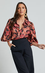 Amalie The Label - Janae Linen Blend Collared Puff Sleeve Button Up Shirt in Atalie Print