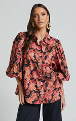 Amalie The Label - Janae Linen Blend Collared Puff Sleeve Button Up Shirt in Atalie Print
