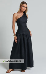 Amalie The Label - Alorah Linen Blend One Shoulder Dress in Black
