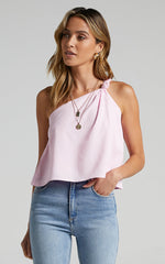 Analia Top - Linen Look One Shoulder Knot Detail Top in Pink