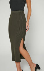 Andalucia Midi Skirt - Ribbed Side Split Skirt in Dark Olive