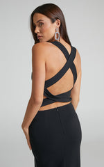 Anjie Midi Dress - Plunge Neck Cross Back Cut Out Dress in Black