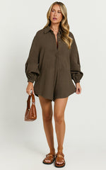 Anka Playsuit - Relaxed Button Front Shirt Playsuit in Khaki
