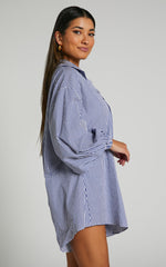 Anka Playsuit - Relaxed Button Front Shirt Playsuit in Navy Stripe