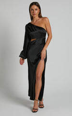 Arichie Midi Dress - Cut Out One Shoulder Balloon Sleeve Dress in Black