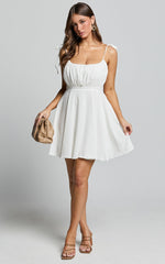 Aziah Mini Dress - Tie Shoulder Ruched Bodice Dress in White