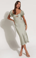 Emberlynn Midi Dress - Flutter Sleeve Cut Out Satin Dress in Sage