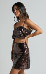 Barlyn Crop Top - Square Neck Crop Flat Sequin Top in Chocolate