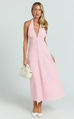 Beata Midi Dress - Plunge Halter A Line Dress in Pink