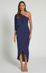 Belmira Midi Dress - One Shoulder Asymmetrical Short Sleeve Split Dress in Navy