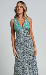 Benetina Midi Dress - Plunge Empire Waist A Line in Black Print