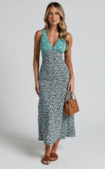 Benetina Midi Dress - Plunge Empire Waist A Line in Black Print